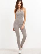 Romwe Marled Ribbed Knit Caged Neck Unitard Jumpsuit