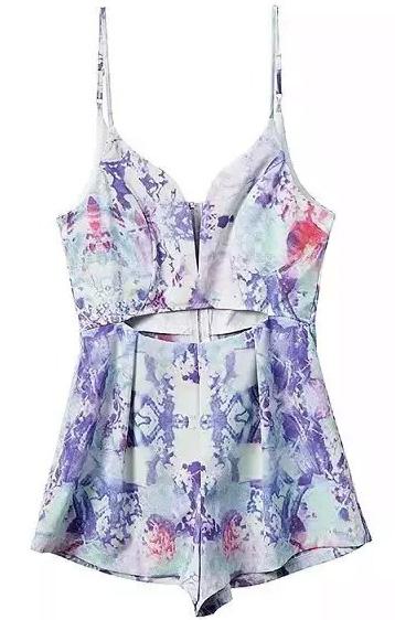 Romwe Spaghetti Strap Cut Out Print Romper