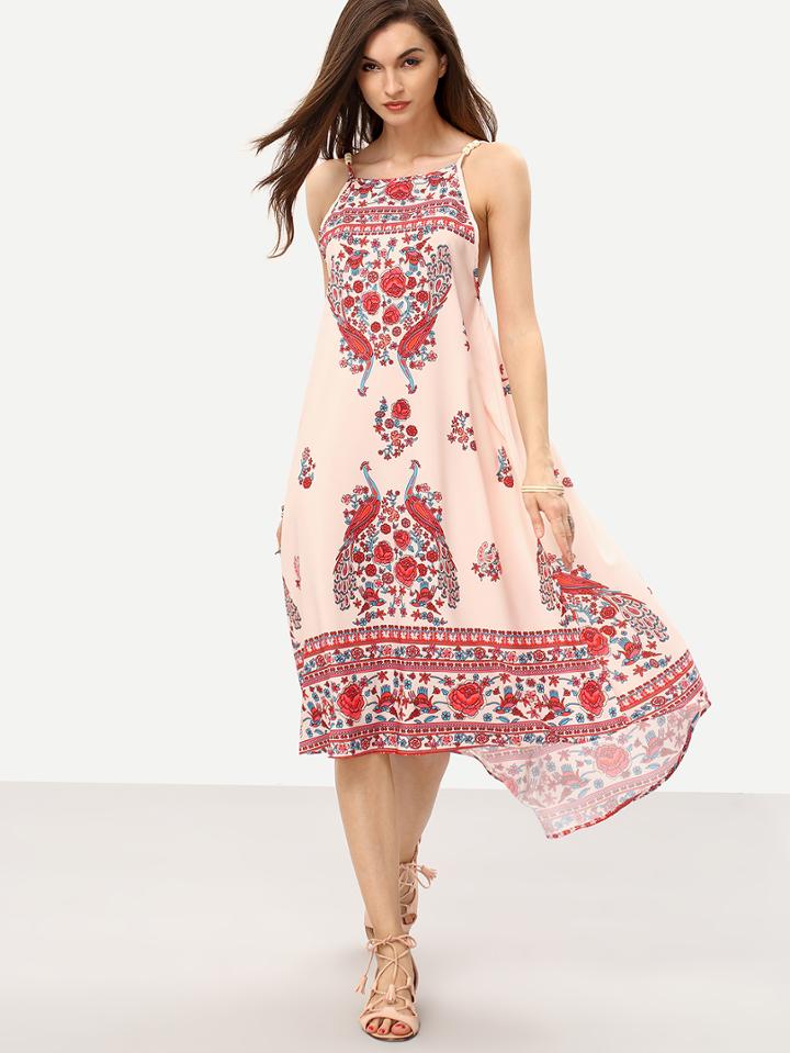 Romwe Square Neck Flower Print Asymmetric Cami Dress