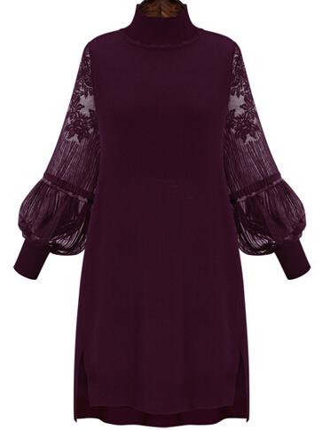 Romwe High Neck Lantern Sleeve Lace Dip Hem Purple Sweater Dress