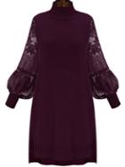 Romwe High Neck Lantern Sleeve Lace Dip Hem Purple Sweater Dress