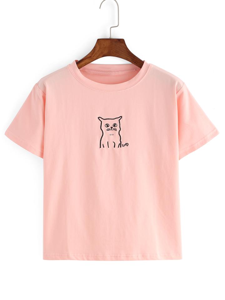 Romwe Cat Embroidered Pink T-shirt