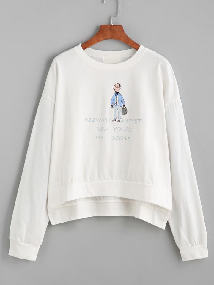 Romwe White Drop Shoulder High Low Cartoon Embroidered Sweatshirt