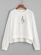 Romwe White Drop Shoulder High Low Cartoon Embroidered Sweatshirt