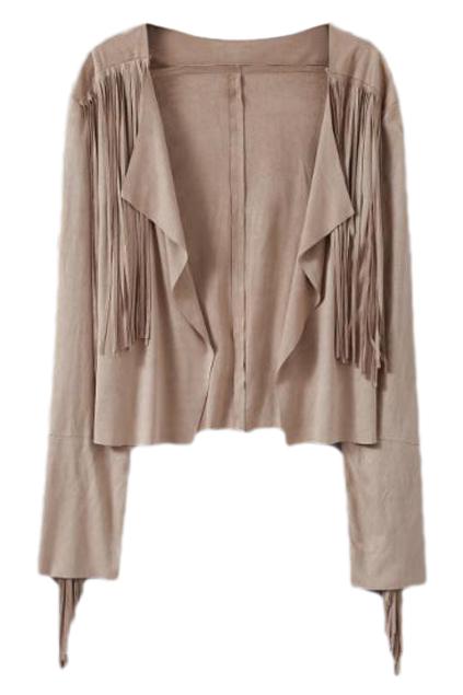 Romwe Asymmetric Tassel Short Khaki Cardigan