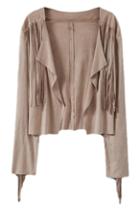 Romwe Asymmetric Tassel Short Khaki Cardigan