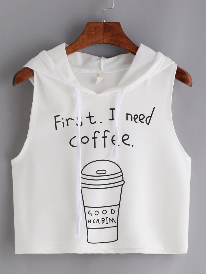 Romwe Coffee Print Hooded Crop Tank Top - White