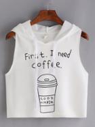 Romwe Coffee Print Hooded Crop Tank Top - White