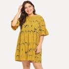 Romwe Plus Figure Print Ruffle Sleeve Tie Back Dress