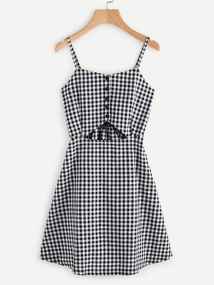 Romwe Gingham Print Cut Out Button Front Cami Dress