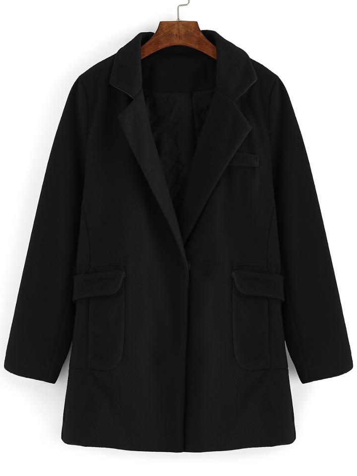 Romwe Lapel Pockets Long Black Coat