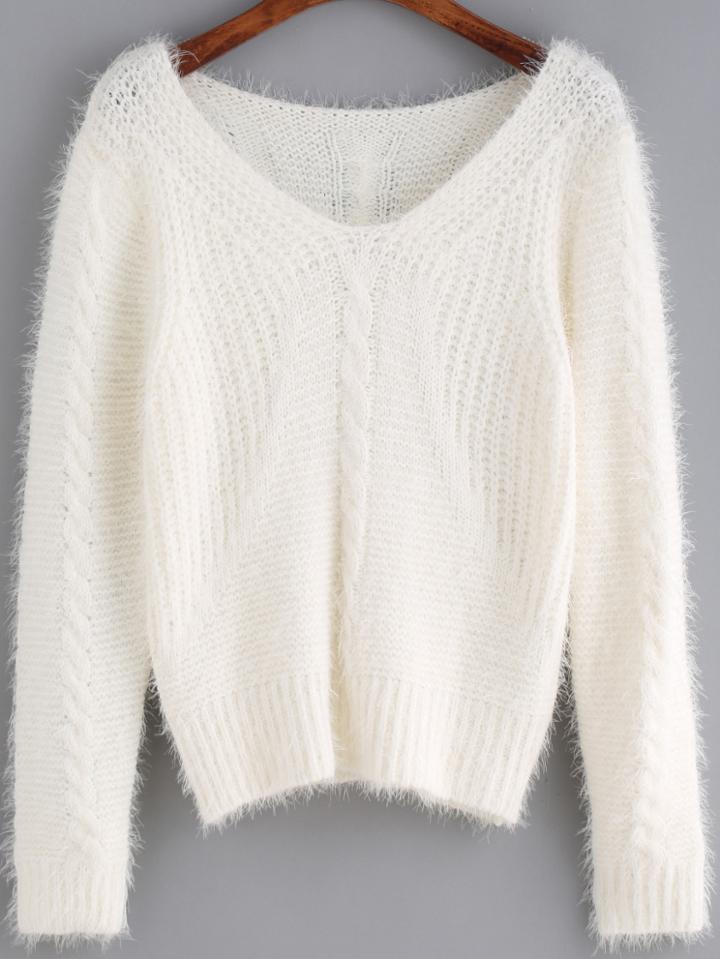 Romwe White V Neck Shaggy Crop Sweater