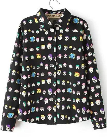 Romwe Cartoon Portrait Print Black Blouse