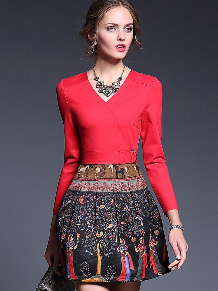 Romwe Red V Neck Long Sleeve Drawstring Print Dress