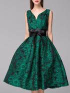 Romwe Green V Neck Backless Sleeveless Print Bow-waist Dress