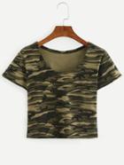 Romwe Olive Green Camouflage Crop T-shirt