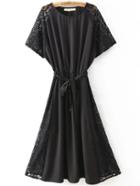 Romwe Lace Insert Pleated Black Dress