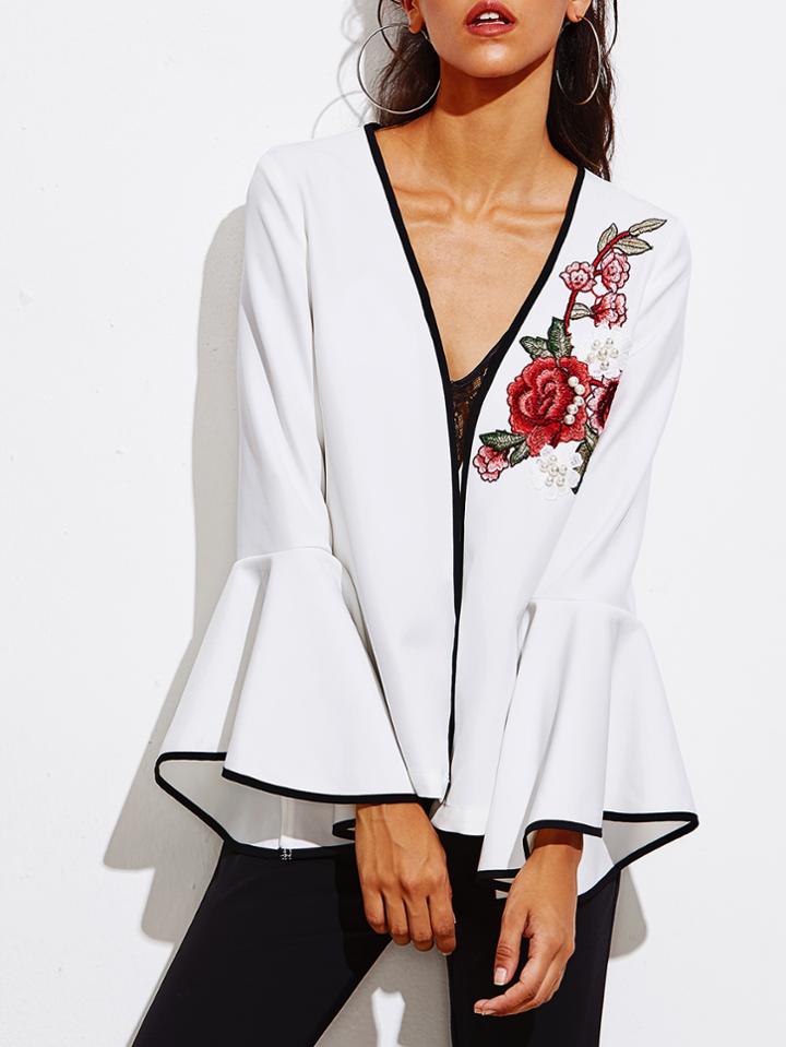 Romwe Pearl Embellishing Rose Patch Fluted Sleeve Ringer Blazer