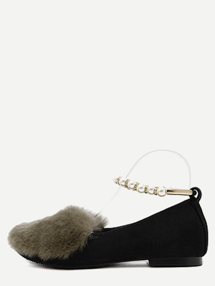 Romwe Green Rabbit Hair Embellished Pearl Strap Flats