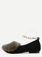 Romwe Green Rabbit Hair Embellished Pearl Strap Flats