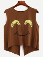Romwe Brown Smiley Face Print Open Back Tank Top