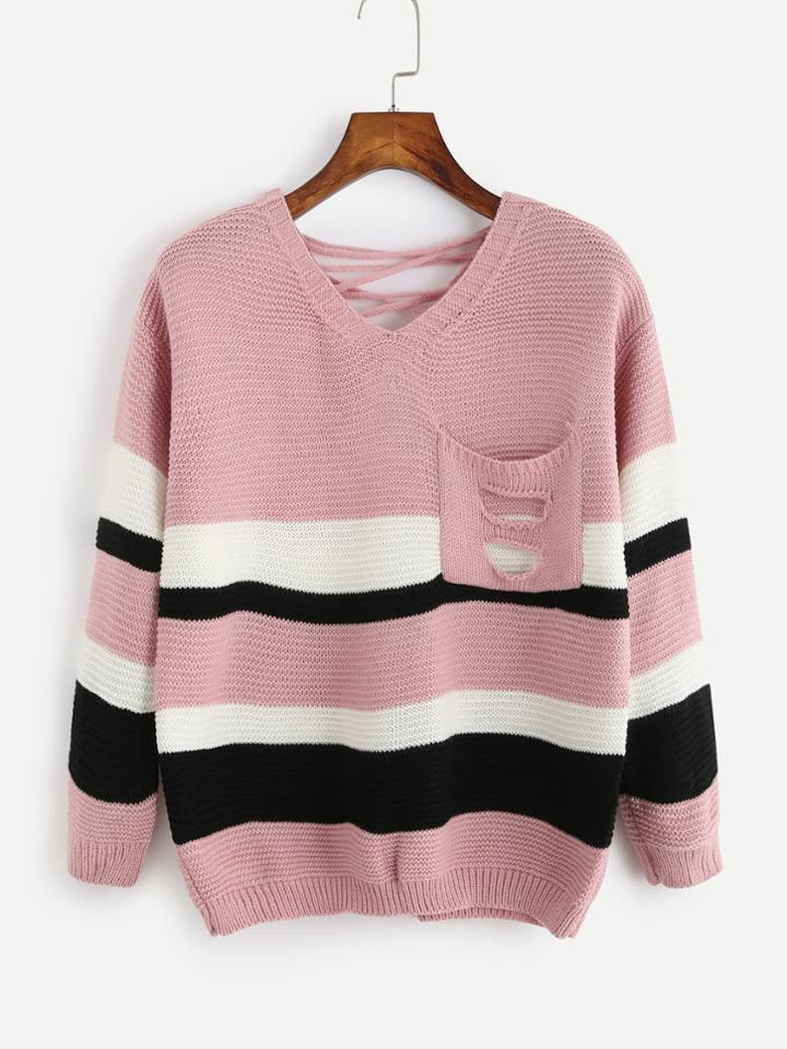 Romwe Contrast Striped Lace Up Back Ripped Sweater