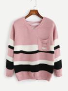Romwe Contrast Striped Lace Up Back Ripped Sweater