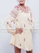 Romwe Beige Long Sleeve Vintage Print Dress