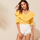Romwe V Neck Ruffle Trim Solid Top