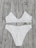 Romwe Lace Up Ribbed Bikini Set