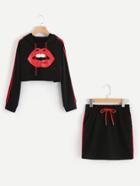Romwe Lip Print Stripe Tape Side Hoodie With Skirt