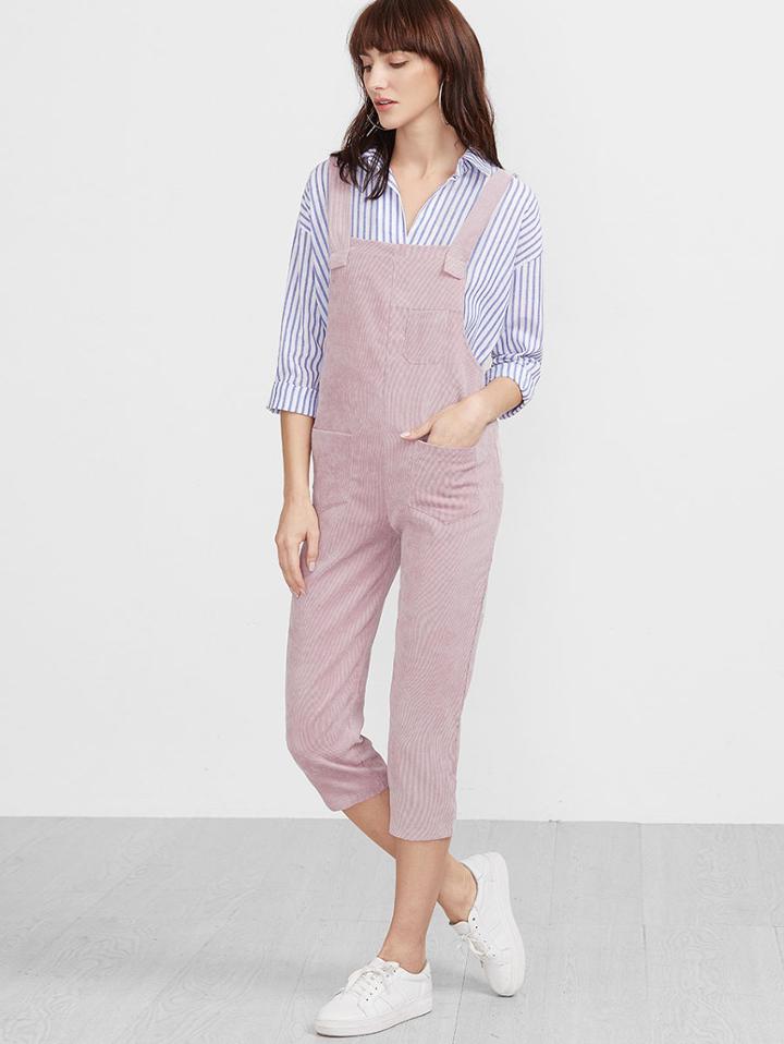 Romwe Pink Strap Pockets Front Overall Corduroy Pants