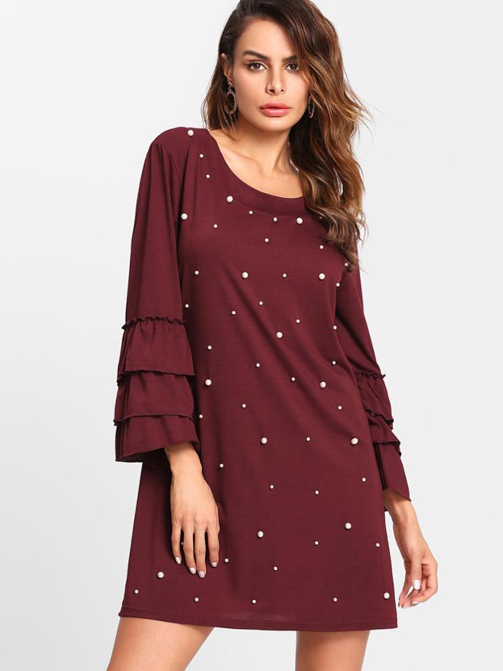 Romwe Pearl Beading Layered Sleeve Tee Dress