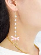 Romwe Pink Bowknot Pattern Pearl Dangle Earrings