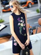 Romwe Navy Round Neck Sleeveless Embroidered Pockets Dress