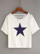 Romwe Ripped Star Print White T-shirt