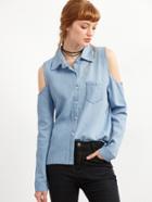 Romwe Blue Open The Shoulder Denim Blouse