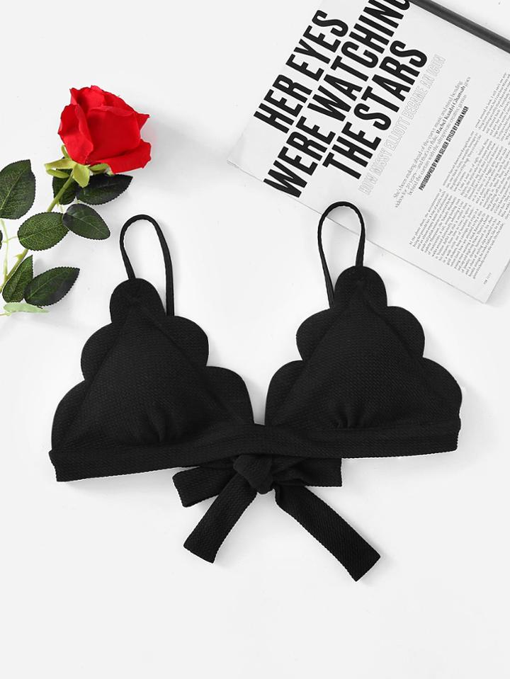 Romwe Scallop Edge Tie Back Textured Bralette