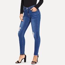 Romwe Dark Wash Raw Hem Shredded Jeans