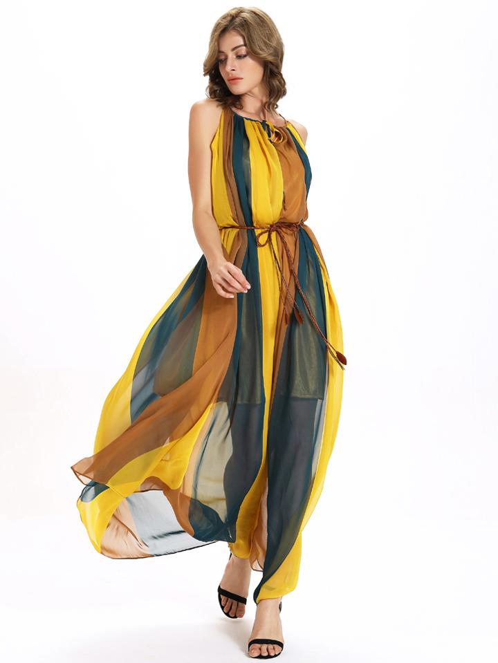 Romwe Color Block Belted Keyhole Drawstring Neck Dress