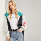 Romwe Letter Print Color Block Hooded Jacket