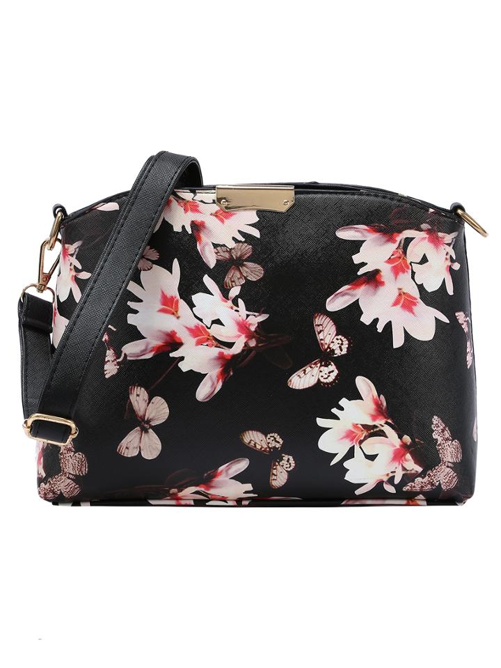 Romwe Faux Leather Flower Print Shoulder Bag
