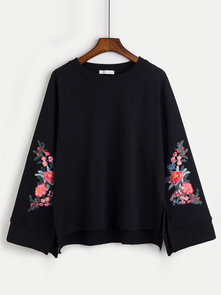 Romwe Embroidery Split Sleeve Raglan Pullover