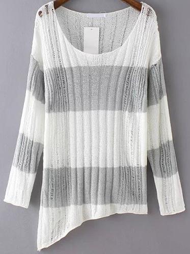 Romwe Striped Open-knit Asymmetrical Grey Sweater