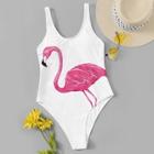 Romwe Flamingo Print Low Back One Piece Swimsuit