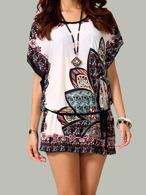 Romwe White Batwing Sleeve Floral Loose Blouse