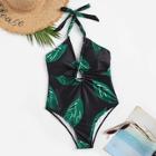 Romwe Random Leaf Print Drawstring One Piece Swim