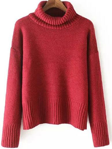 Romwe Turtleneck Dropped Shoulder Seam Burgundy Jumper