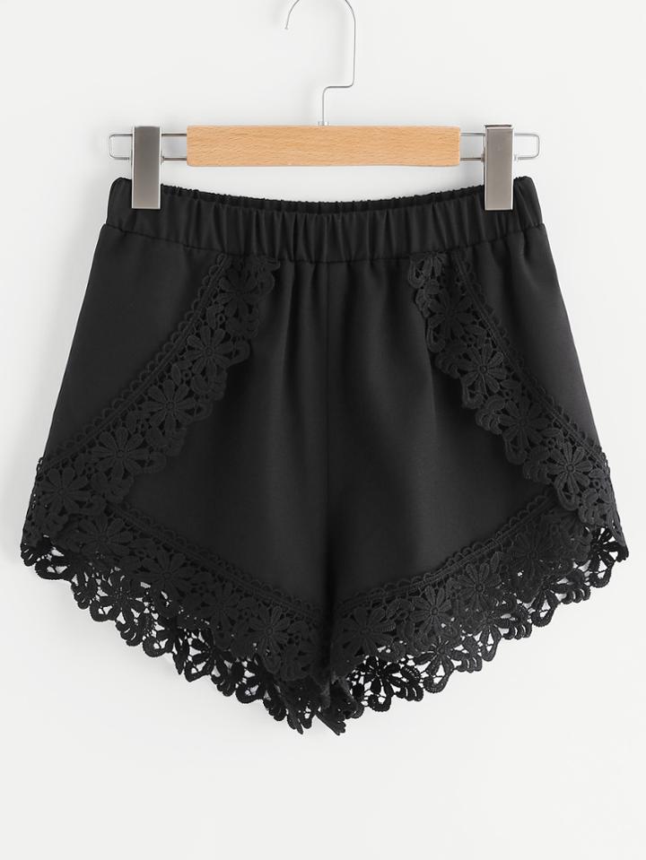 Romwe Elastic Waist Floral Lace Trim Wrap Shorts