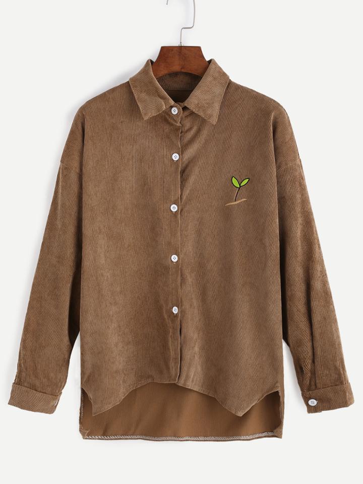 Romwe Khaki Embroidered Dip Hem Drop Shoulder Blouse